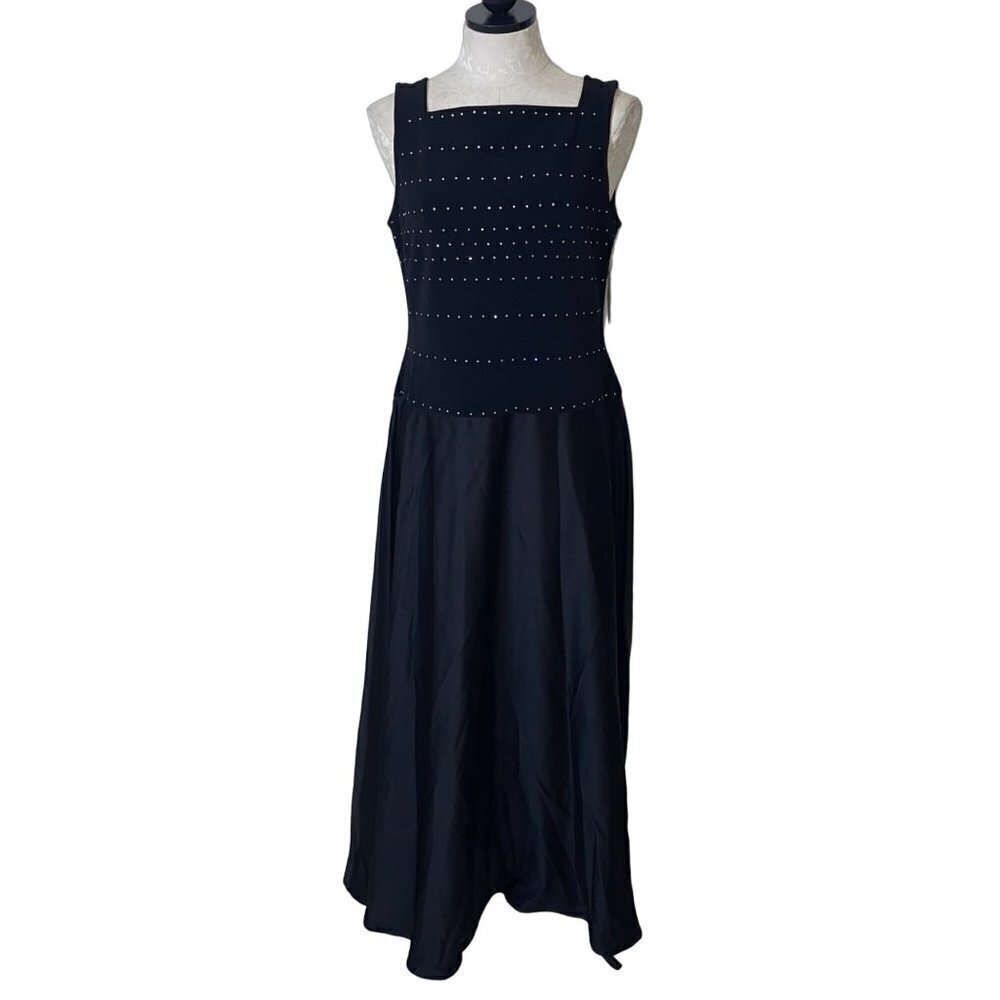 Tadashi Vintage Gown Dress Size Large Black Satin Skirt Rhinestone Embellished
